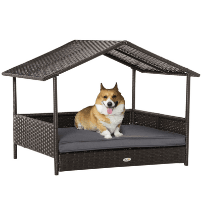 PawHut Wicker Dog House, Rattan Pet Bed with Soft Cushion, Cat Basket - Grey