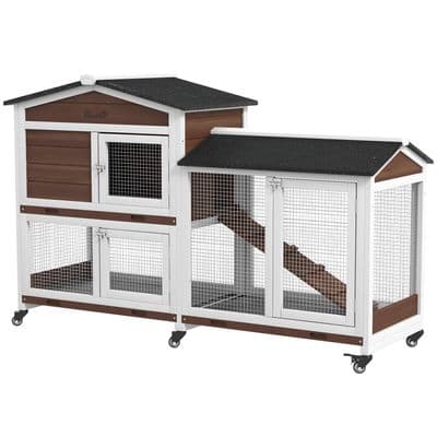 PawHut Wooden Rabbit Hutch Guinea Pig Cage w/ Wheels, Run, Ramp, Brown