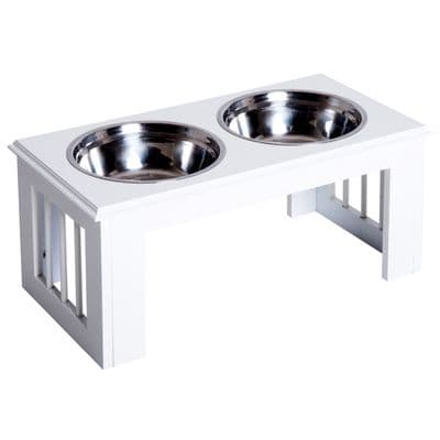 Raised Pet Feeder Elevated Double Staninless Steel Bowls Stand Water White