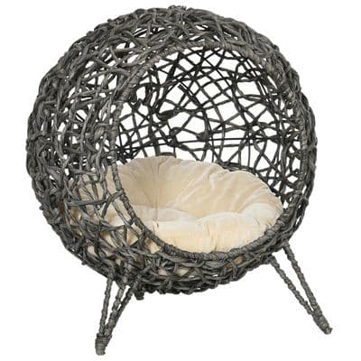 Rattan Elevated Cat House Kitten Basket Pet Bed w/ Cushion - Silver-Tone, Grey