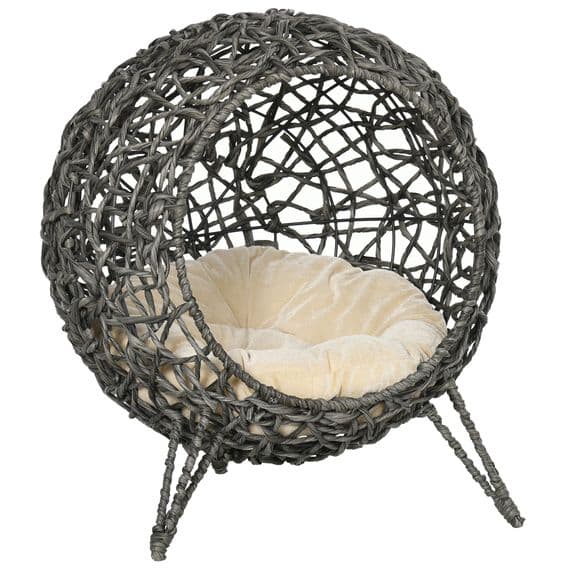 Rattan Elevated Cat House Kitten Basket Pet Bed w/ Cushion - Silver-Tone, Grey