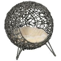 Rattan Elevated Cat House Kitten Basket Pet Bed w/ Cushion - Silver-Tone, Grey