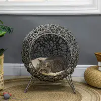 Rattan Elevated Cat House Kitten Basket Pet Bed w/ Cushion - Silver-Tone, Grey