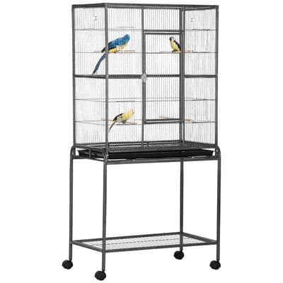 Rolling Bird Cage w/ Detachable Stand, Storage Shelf, Wood Perch, Food Container