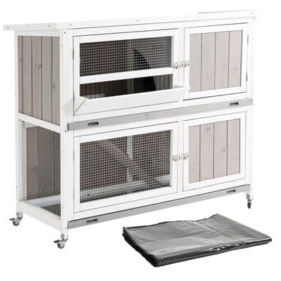 Two-Tier Wooden Rabbit Hutch w/ Wheels, Trough, Rain Cover, Tray - Grey Pawhut