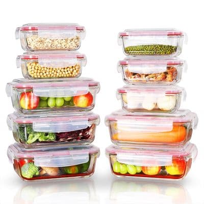 Vinsani Glass Food Storage 10-Pack Containers Rectangle Food Meal Prep Lunch Boxes with Lids Airtigh