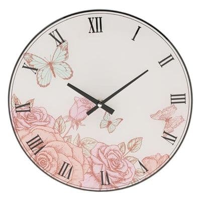 Widdop Glass 30cm Floral with Butterfly Design Wall Clock W9826