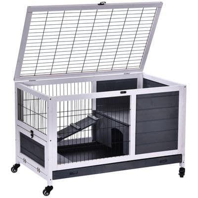 Wood Indoor Rabbit Hutch Elevated 2-Floor Guineas Pigs Cage Wheels 