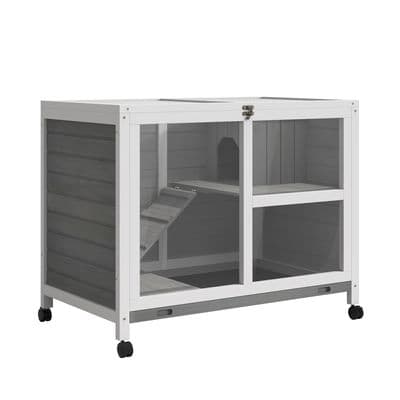 Wood Rabbit Hutch Bunny Cage Pet House Indoor W/ Tray Ramp, Grey Pawhut