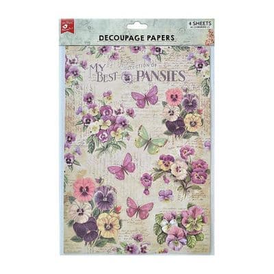 Little Birdie Decoupage Paper A4 4/Pkg - Pretty Pansies & Pansy Garden