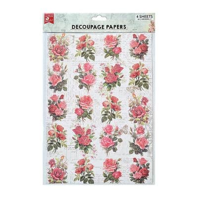 Little Birdie Decoupage Paper A4 4/Pkg - Rose Passion