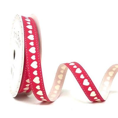Printed Cotton Ribbon - Ivory Hearts on Red 15mm - 3 metres