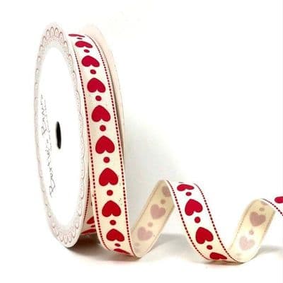 Printed Cotton Ribbon - Red Hearts on Ivory 15mm - 3 metres