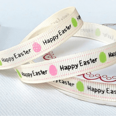 Printed Grosgrain Ribbon - Ivory Happy Easter 9mm - 3 metres