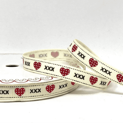 Printed Grosgrain Ribbon - Ivory Polka Dot Heart 9mm - 3 metres
