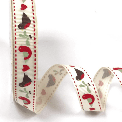 Printed Grosgrain Ribbon - Ivory Robin & Mistletoe - 16mm - 3 metres