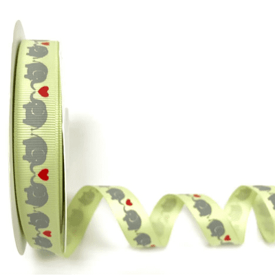 Printed Grosgrain Ribbon - Lime with Elephants & Hearts - 16mm - 3 metres