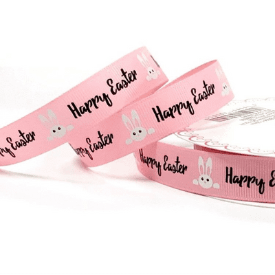 Printed Grosgrain Ribbon - Pink Bunnies & Happy Easter - 16mm - 3 metres