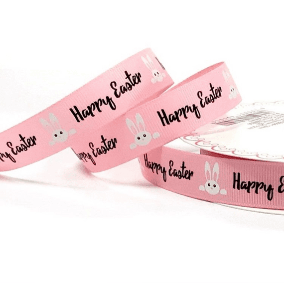 Printed Grosgrain Ribbon - Pink Bunnies & Happy Easter - 16mm - 3 metres
