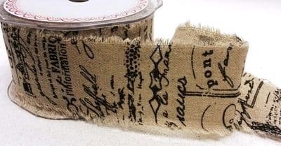 Printed Raw-Edge Burlap Ribbon - Black Scroll 50mm - 1 metre