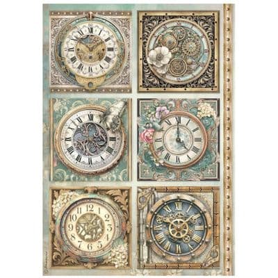 Stamperia A4 Rice Paper - Gardens of Time 6 Clocks