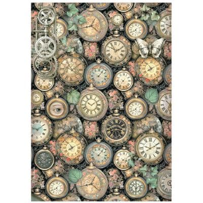 Stamperia A4 Rice Paper - Gardens of Time Clock Pattern