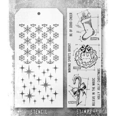 Tim Holtz Mixed Media Stamp and Stencil - Blueprint Christmas #1 Set #91