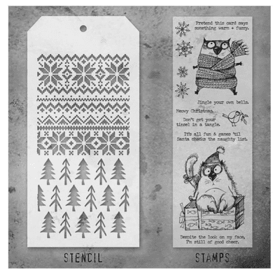 Tim Holtz Mixed Media Stamp and Stencil - Snarky Cat Christmas Set #34