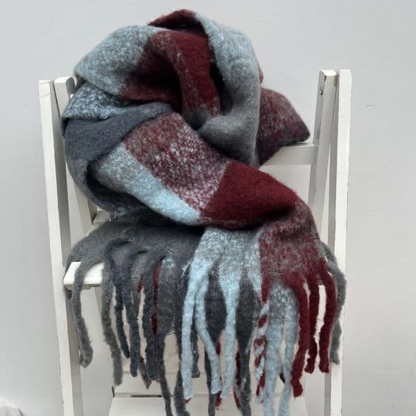 Cosy, warm scarf - burgundy, grey, pale blue