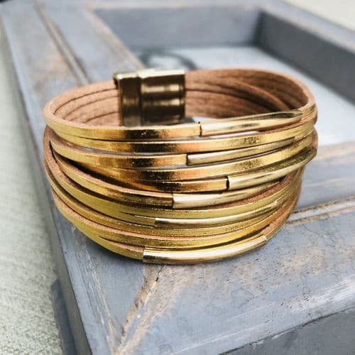 Leather bracelet - metallic gold strands