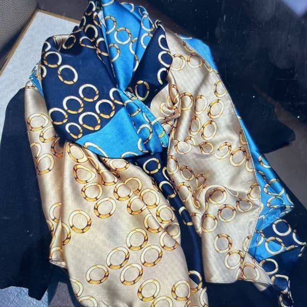 SALE: Designer inspired silk feel scarf - blue & gold print