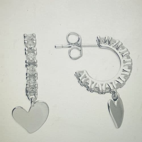 Silver hoop earrings with heart charm