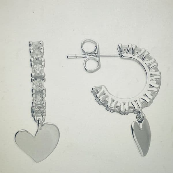Silver hoop earrings with heart charm