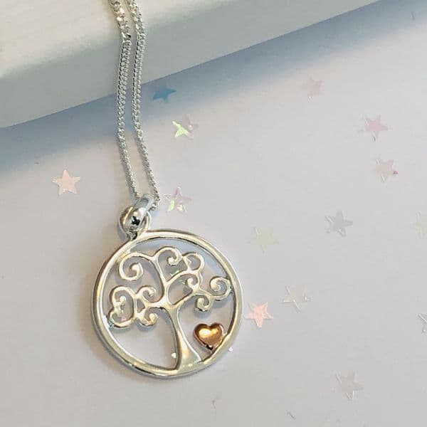 Silver tree of life with heart necklace