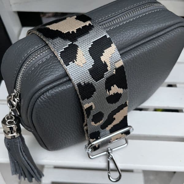 SPECIAL OFFER: Dark grey leather tassel bag & bag strap gift set