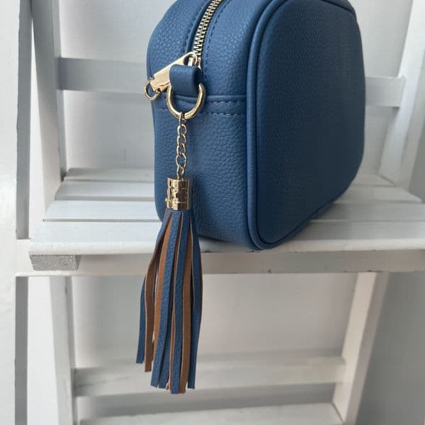 SPECIAL OFFER:  Denim blue faux leather tassel bag & bag strap