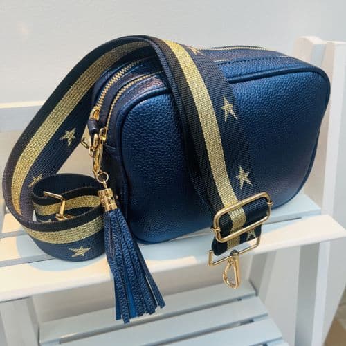 SPECIAL OFFER: Metallic blue 2 zip faux leather tassel bag gift set