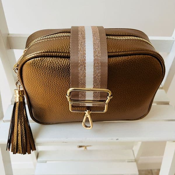 SPECIAL OFFER: Metallic bronze faux leather tassel bag & bag strap