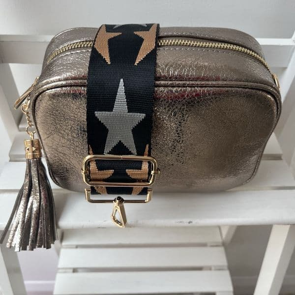 SPECIAL OFFER: Metallic shiny pewter faux leather tassel bag & bag strap