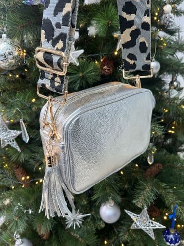 SPECIAL OFFER: Metallic shiny silver faux leather tassel bag & bag strap