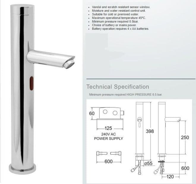 Deva Sensor 3D Tall Vessel Basin Sensor Tap - Sensor Height Centre 203mm - Bespoke Part