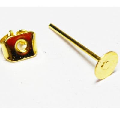 10 flat ear posts with butterfly backs. Gold Plated 6mm diam.