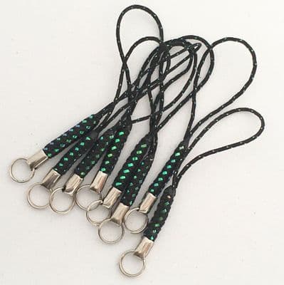 8pcs. Mobile phone loops,lariats. Black with green lurex detail and silver findings. 6.5cm