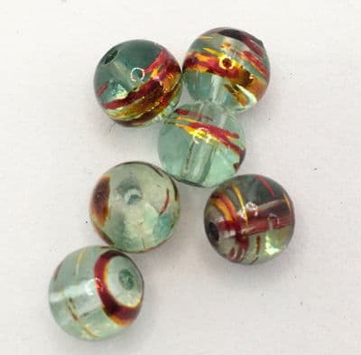 Drawbench glass beads. Light green/red. 8mm x 6