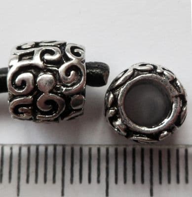 Large hole carved Silver bead. 9x8mm with 4.5mm hole