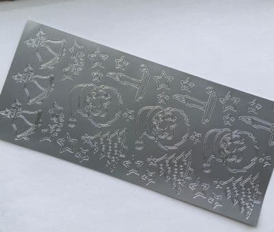 Silver peel off bells and Santa Christmas stickers. 1 sheet