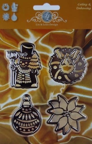 1201-0030 ~ SNOWMAN, CHRISTMAS WREATH, BAUBLE & POINSETTIA ~ Cut, Emboss.