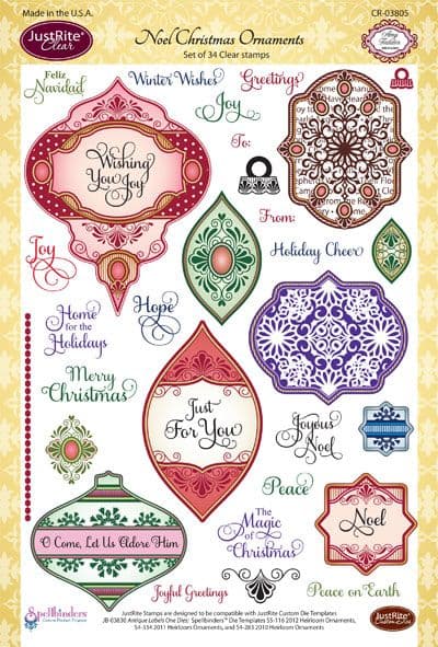 CL-03805 ~ NOEL CHRISTMAS ORNAMENTS ~ JustRite cling stamp set