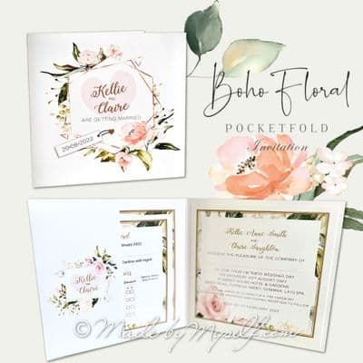Boho Floral Wedding Invitation - Pocketfold Style
