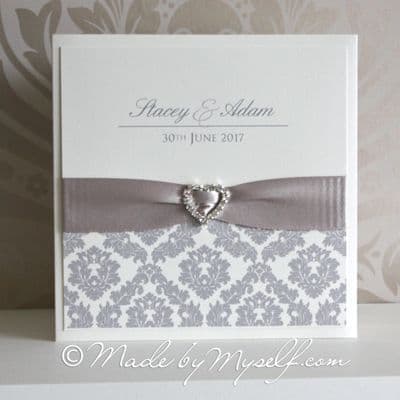 Ribbon Heart Damask Pocketfold Wedding Invitation